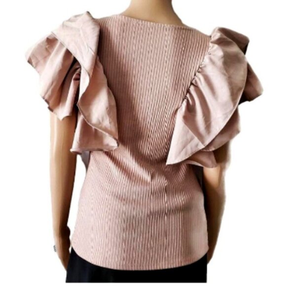 Haute Monde Women's Layered Flutter Sleeves Ribbed Blouse Blush Pink Size Medium - Picture 2 of 14